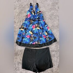 Tropical Print Halter Swim Dress with Black Shorts - Size 16W - Pre-Loved